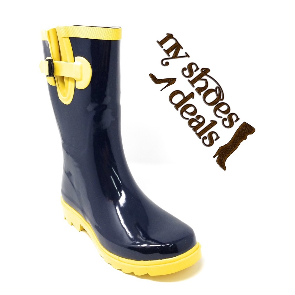 Women's Navy / Yellow 11" Rubber Rain Boots, Wellies Rainboots - Picture 1 of 3